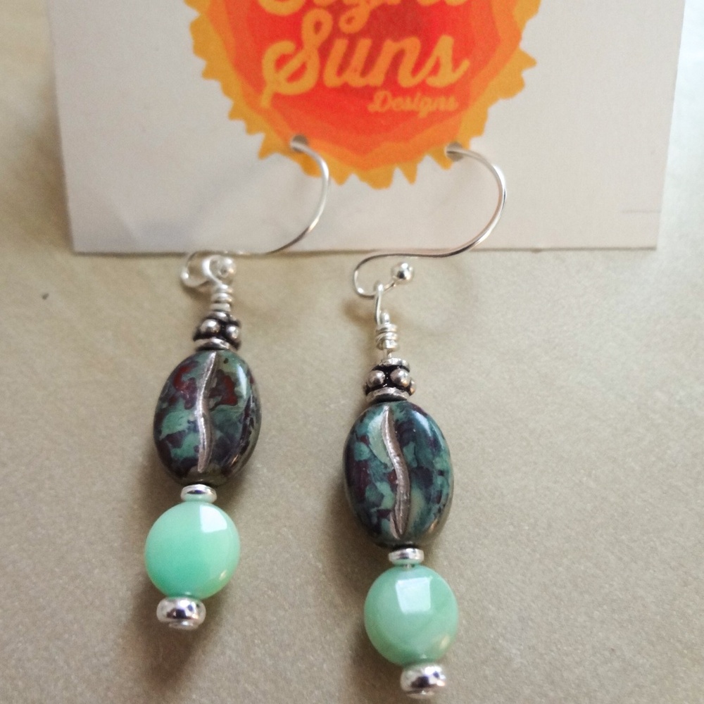 Coffee Bean Beads with Moss Opal and Sterling Silver Earrings